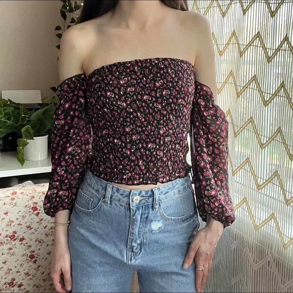 Wild Fable Pink Black Floral Smocked Cropped Off the Shoulder Blouse